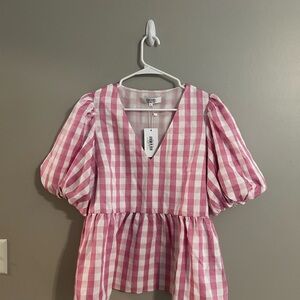 CROSBY by Mollie Burch Pink and White Peplum Blouse with Puff Sleeves